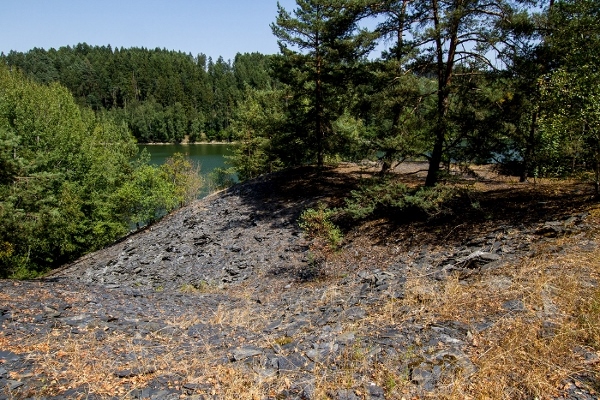 Haldy bývalého campoviště v ochranném pásmu nádrže Kružberk spadají přímo do jezera
